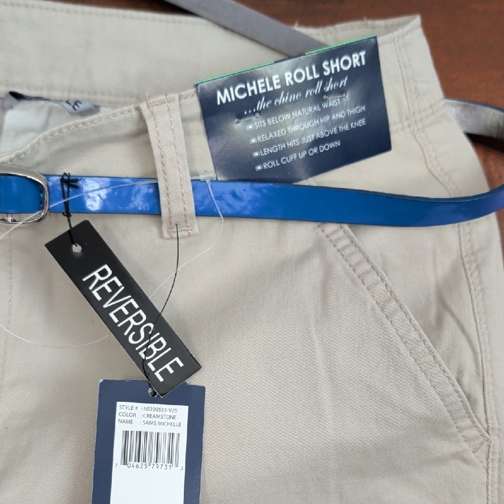 Bandolino Women's Tan Stretch Bermuda Shorts with Blue Belt - Picture 3 of 6